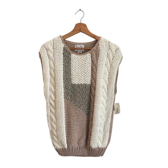 Sweaters - Vtg FSA Collection Hand Knit Sweater Vest Large Patchwork Cable Knit Cottagecore